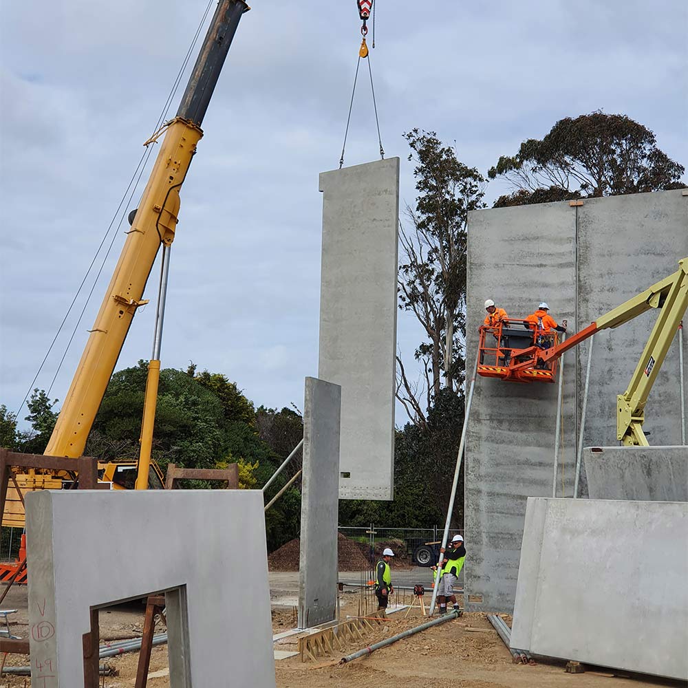 Homestead Construction precast concrete panels being installed onsite Avalon Lower Hutt